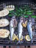 Braai mackerel and scallops with padron peppers, aubergine and sweet corn