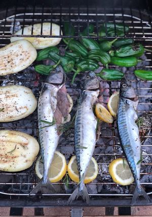 A picture of Braai mackerel and scallops with padron peppers, aubergine and sweet corn.