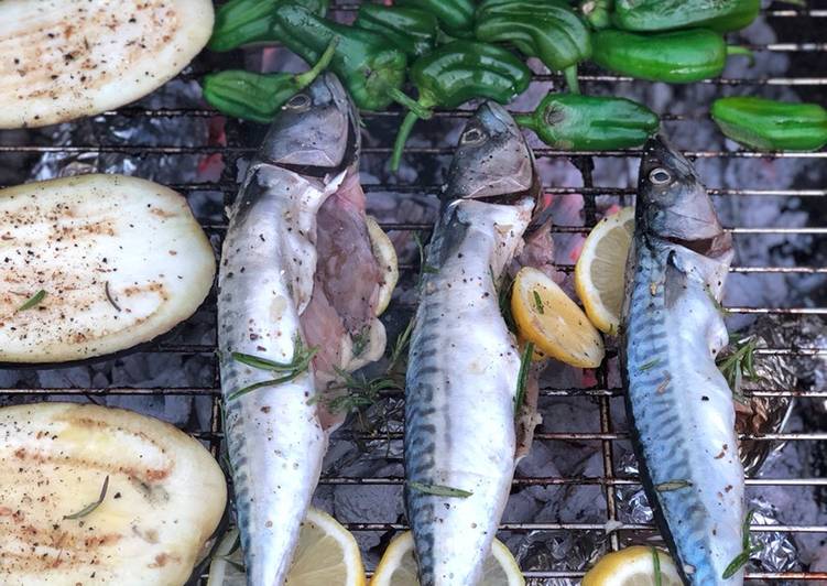 Braai mackerel and scallops with padron peppers, aubergine and sweet corn