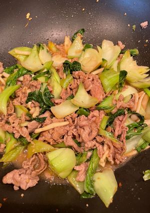 A picture of Stir-Fried Bok Choy with Beef.