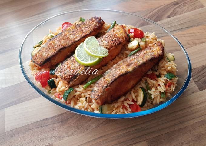 Tomato salmon orzo