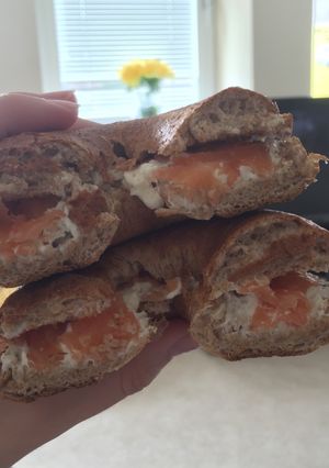 A picture of Delicious salmon bagel.