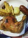 Pollo con chorizo papas y boniatos al horno