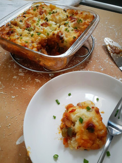 A picture of Shepherd pie with winter veggies.