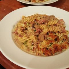 A picture of Sausage and Mushroom Pasta in a Parmesan Cream.