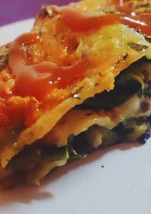 A picture of Cheesy pork spinach LASAGNA.
