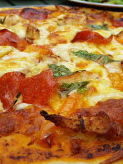 A picture of Chicken and pepperoni pizza.