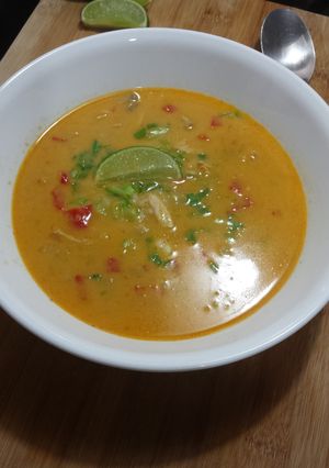 A picture of Spicy Thai chicken soup.