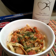 A picture of Mederteranian Pasta w Italian Sausage, Artichoke Hearts, Arugula, Baby Portobellos, and Capers!.