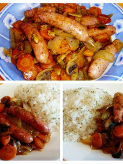 Una foto de Salchichas de pollo con verduras y arroz aromatizado