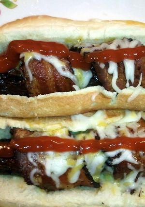 A picture of wild's 3 cheese bacon wrapped polish.
