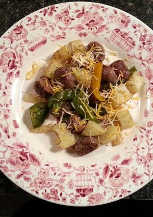 A picture of Oven Roasted Sausage, Potatoes, and Peppers.