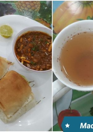 A picture of Missal Pav with Cinnamon Ginger Tea.