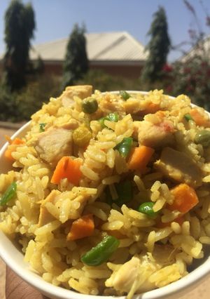 A picture of Chicken fried rice.
