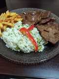 Bondiola con arroz Basmati y papas fritas