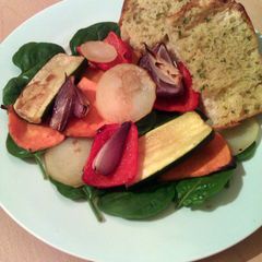 A picture of Vickys Roasted Vegetable Stacks with Ciabatta, GF DF EF SF NF.