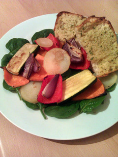 A picture of Vickys Roasted Vegetable Stacks with Ciabatta, GF DF EF SF NF.
