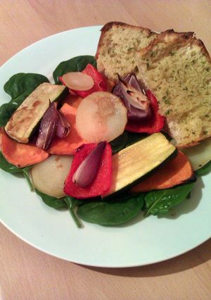 A picture of Vickys Roasted Vegetable Stacks with Ciabatta, GF DF EF SF NF.