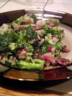 A picture of Broccoli salad with turkey bacon.