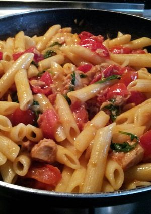 A picture of AMIEs Penne Rigate with Tuna, Cherry Tomatoes and Rocket.