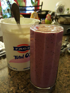 A picture of Black and blue yogurt smoothie (no added sugar).