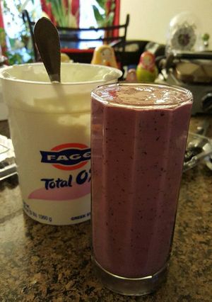 A picture of Black and blue yogurt smoothie (no added sugar).