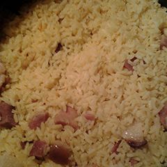 A picture of Saffron rice and ham.