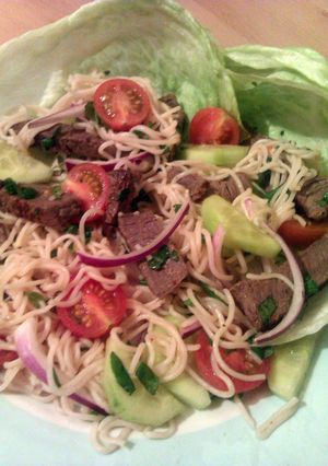 A picture of Vickys Hot & Sour Beef Salad, GF DF EF SF NF.