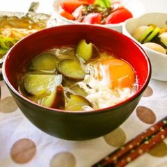 A picture of Hearty Eggplant and Harusame Bean Noodle Miso Soup.