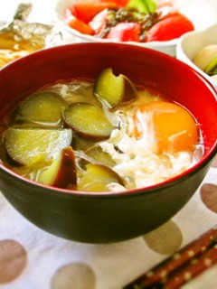 A picture of Hearty Eggplant and Harusame Bean Noodle Miso Soup.