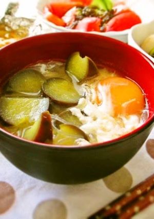 A picture of Hearty Eggplant and Harusame Bean Noodle Miso Soup.