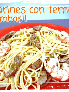 Una foto de Tallarines con ternera y gambas (Thermomix)