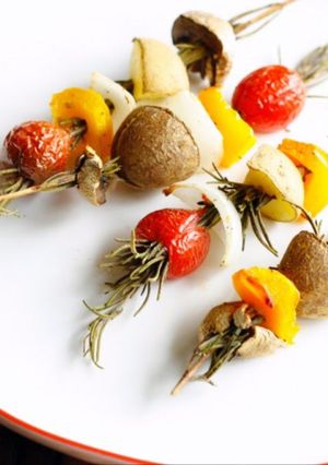 A picture of Roasted Vegetables On Rosemary Skewers.