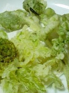 A picture of Fukinotou (Butterbur Sprouts) Tempura.