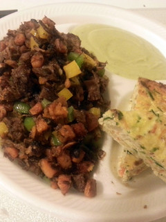 A picture of Paleo sweet potato hash with crust-less veggie quiche.