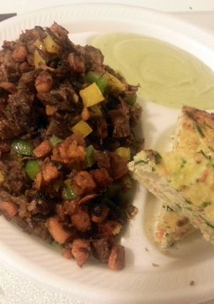 A picture of Paleo sweet potato hash with crust-less veggie quiche.