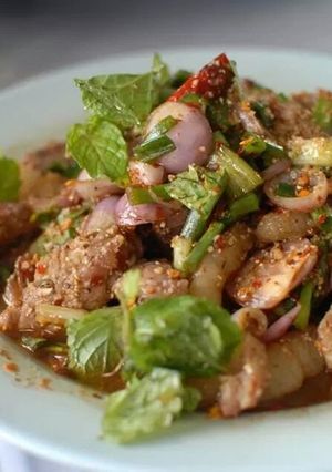 A picture of Yum Mhu yang or bbq pork sirloin salad.