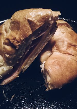A picture of The "im feeling fancy" croissant sandwich.