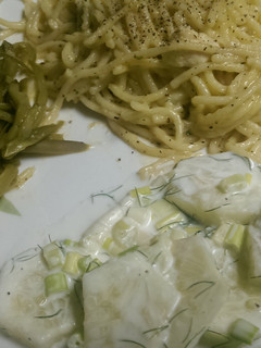 A picture of Chicken Pasta with Cucumber Salad.
