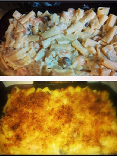 A picture of shrimp and mushroom Alfredo.