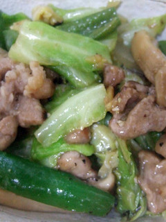 A picture of Spring cabbage and pork stir-fry with miso and oyster sauce.
