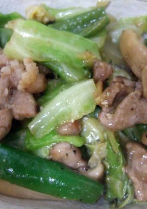 A picture of Spring cabbage and pork stir-fry with miso and oyster sauce.