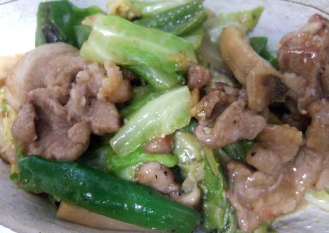 Spring cabbage and pork stir-fry with miso and oyster sauce