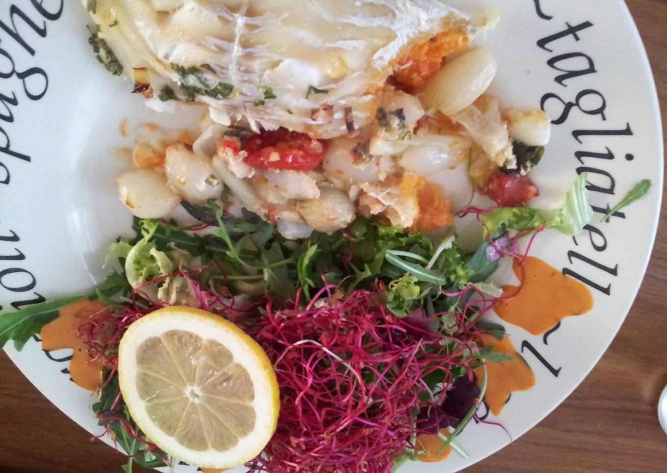 Cod with stuffing and salad