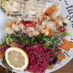 A picture of cod with stuffing and salad.