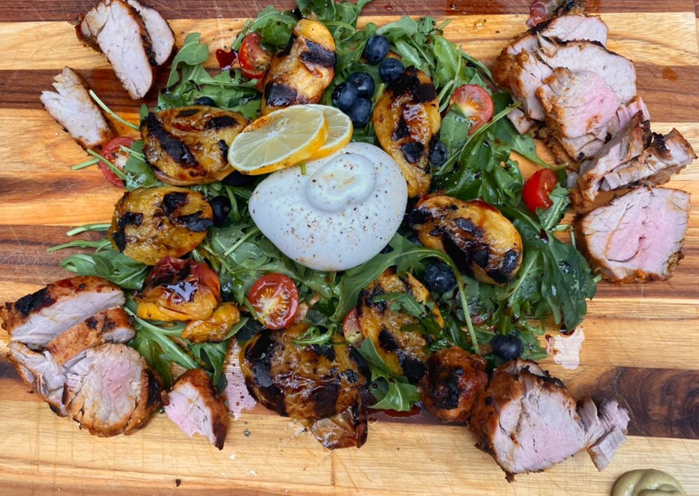 Grilled peaches, pork and burrata