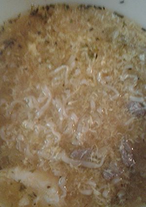 A picture of Liquid chicken soup with noodles.