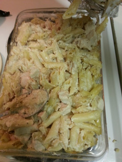 A picture of Alfredo chicken pasta bake.