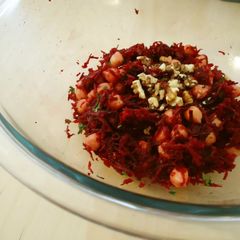 A picture of Garbanzo Beans and Beet Salad.