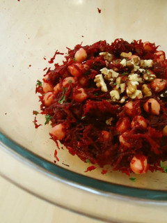A picture of Garbanzo Beans and Beet Salad.